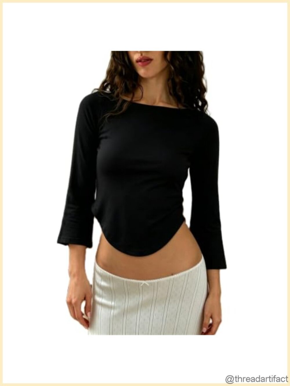 Women Y2K Boat Neck 3/4 Sleeve Crop Top Slim Fit Polyester Tee